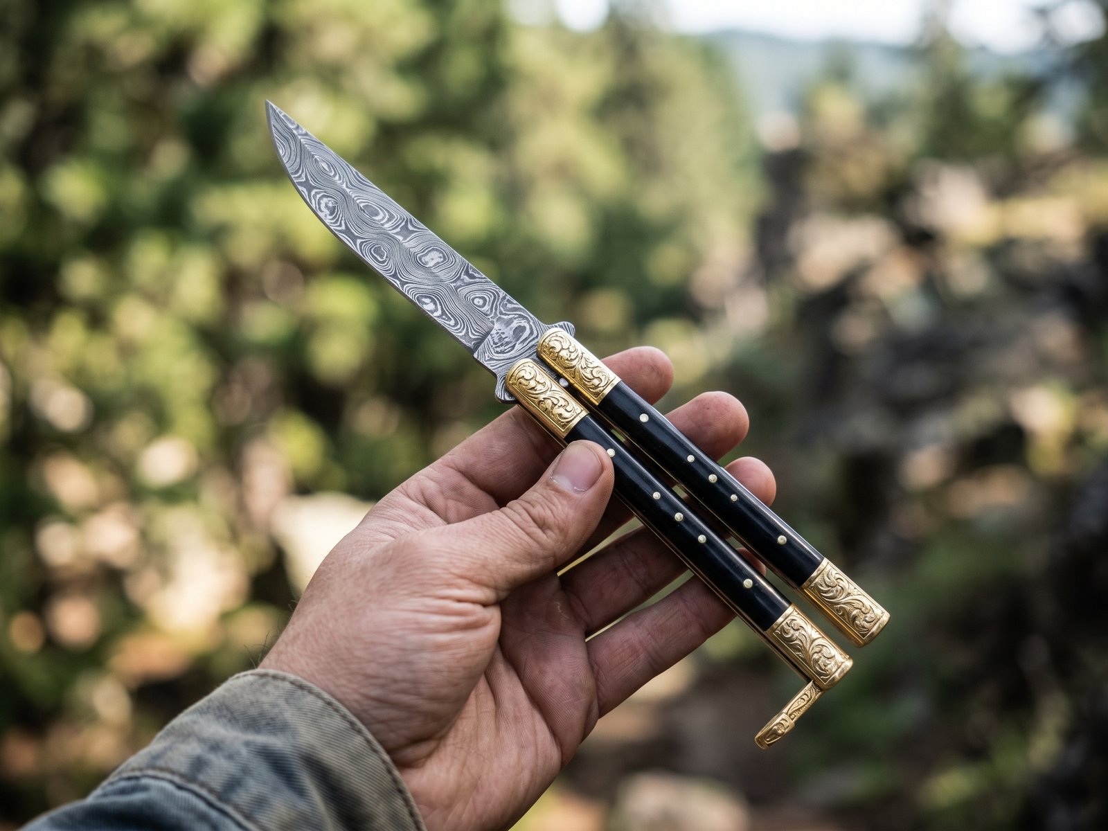 Handmade Damascus Steel Balisong Knife | Black Horn & Brass Bolsters | Hand Engraved Handle | Premium Butterfly Knife with Leather Sheath | Personalized Gift | BMK-733