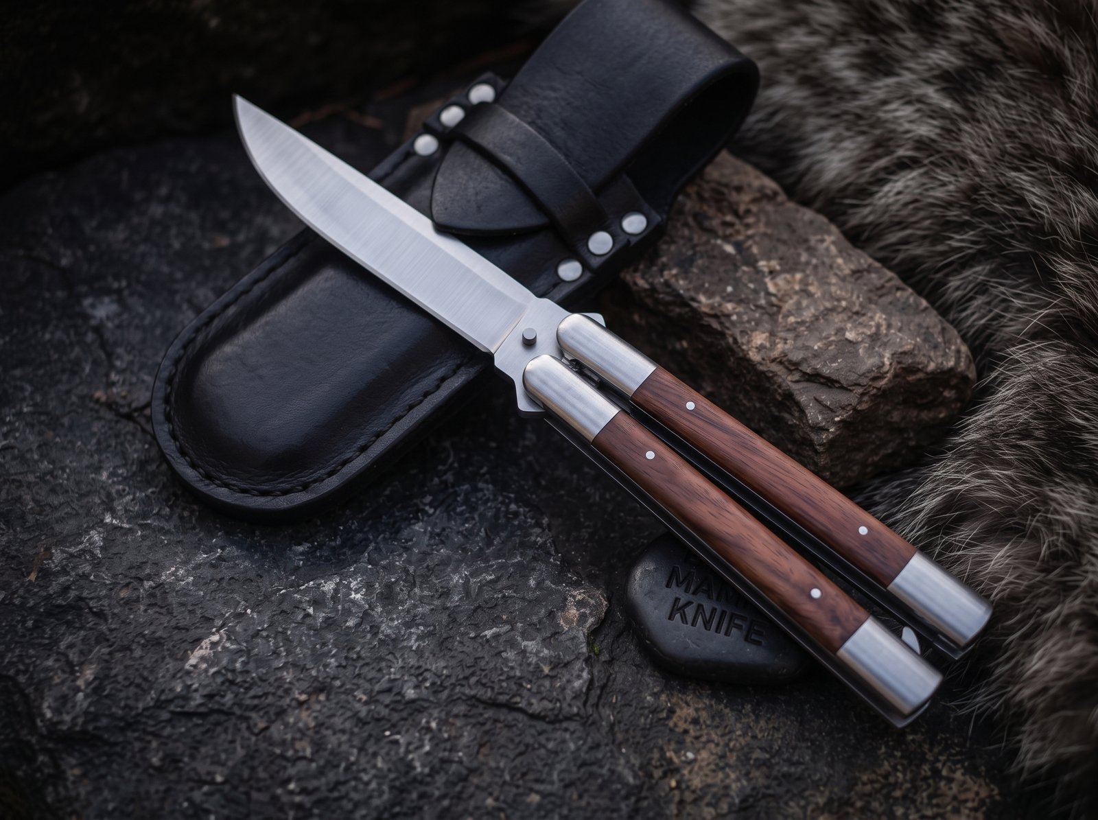 Handmade D2 Steel Balisong Knife with Rose Wood & Steel Bolsters Premium Butterfly Knife with Leather Sheath Personalized Gift | BMK-736 - Image 4