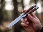 Handmade D2 Steel Balisong Knife with Rose Wood & Steel Bolsters Premium Butterfly Knife with Leather Sheath Personalized Gift | BMK-736