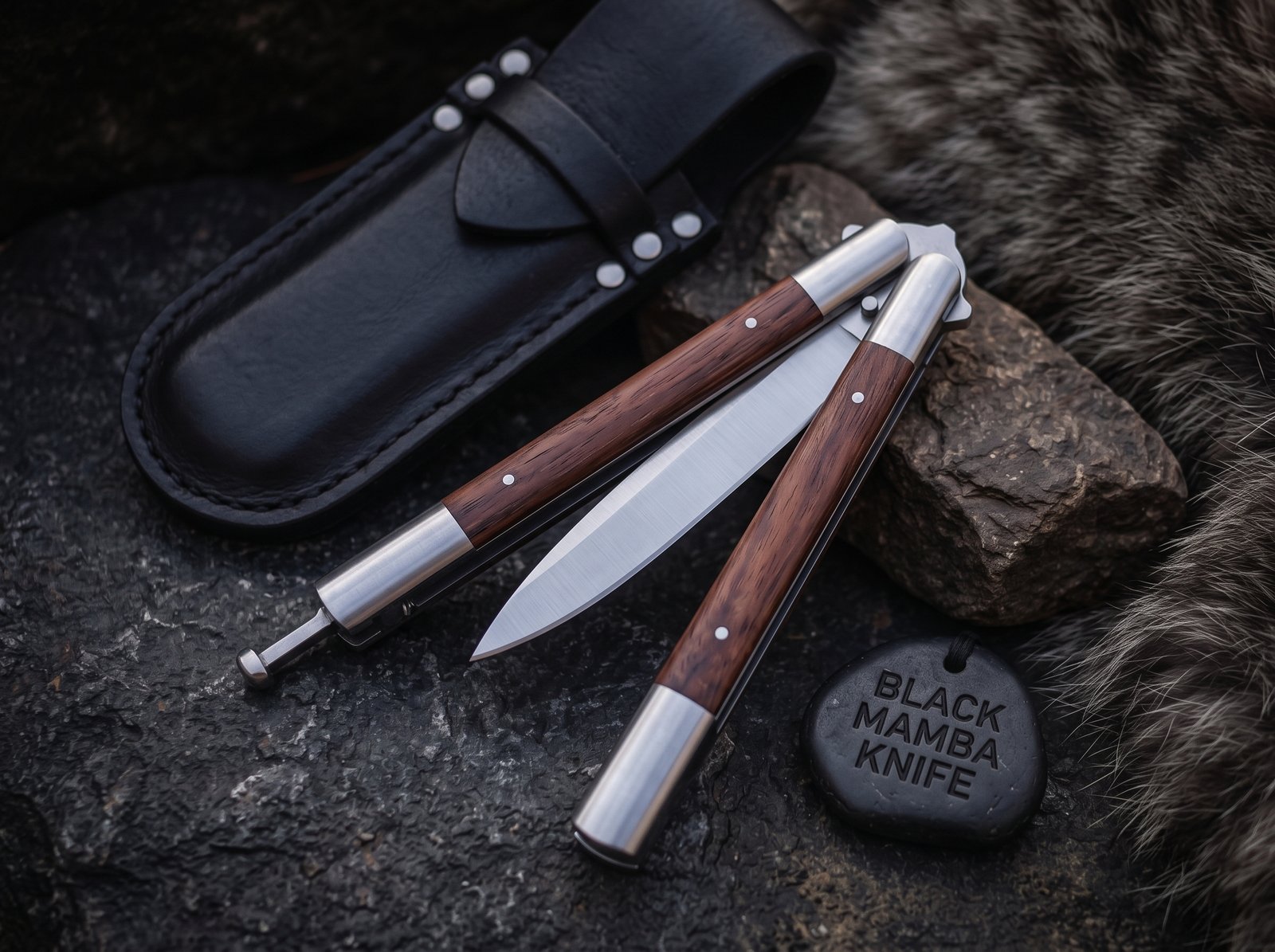 Handmade D2 Steel Balisong Knife with Rose Wood & Steel Bolsters Premium Butterfly Knife with Leather Sheath Personalized Gift | BMK-736 - Image 2