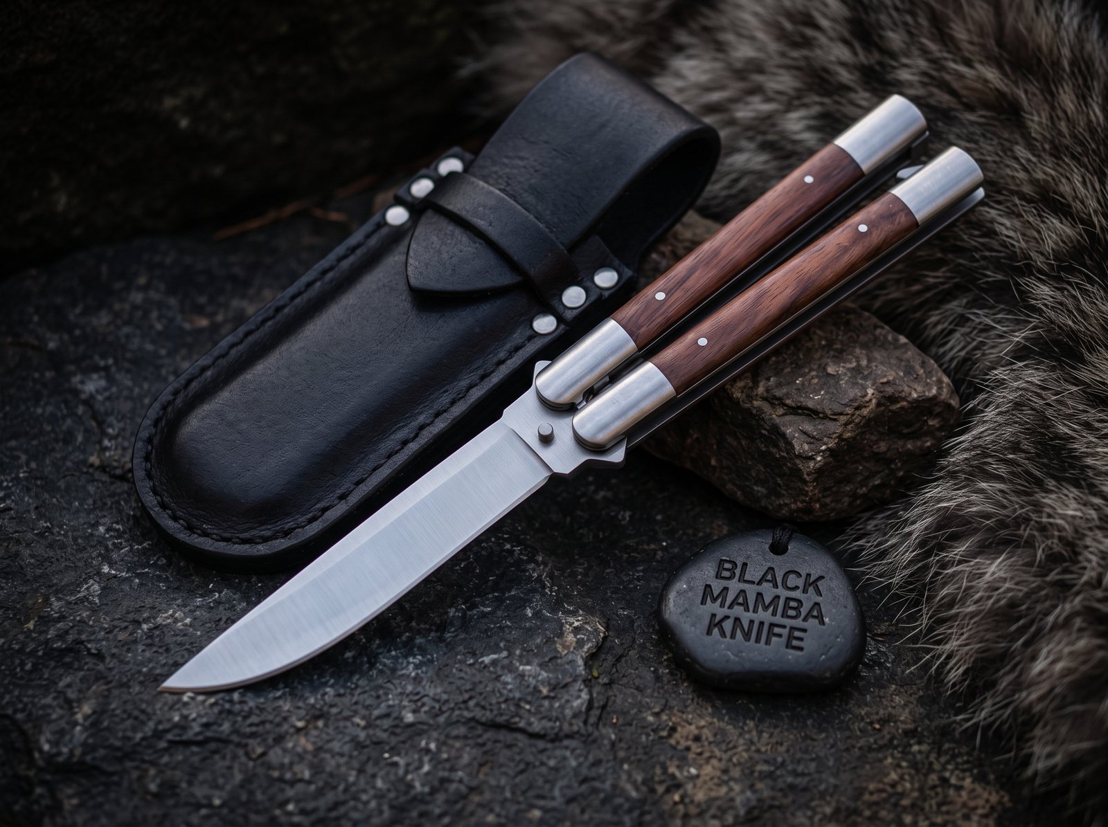 Handmade D2 Steel Balisong Knife with Rose Wood & Steel Bolsters Premium Butterfly Knife with Leather Sheath Personalized Gift | BMK-736 - Image 3