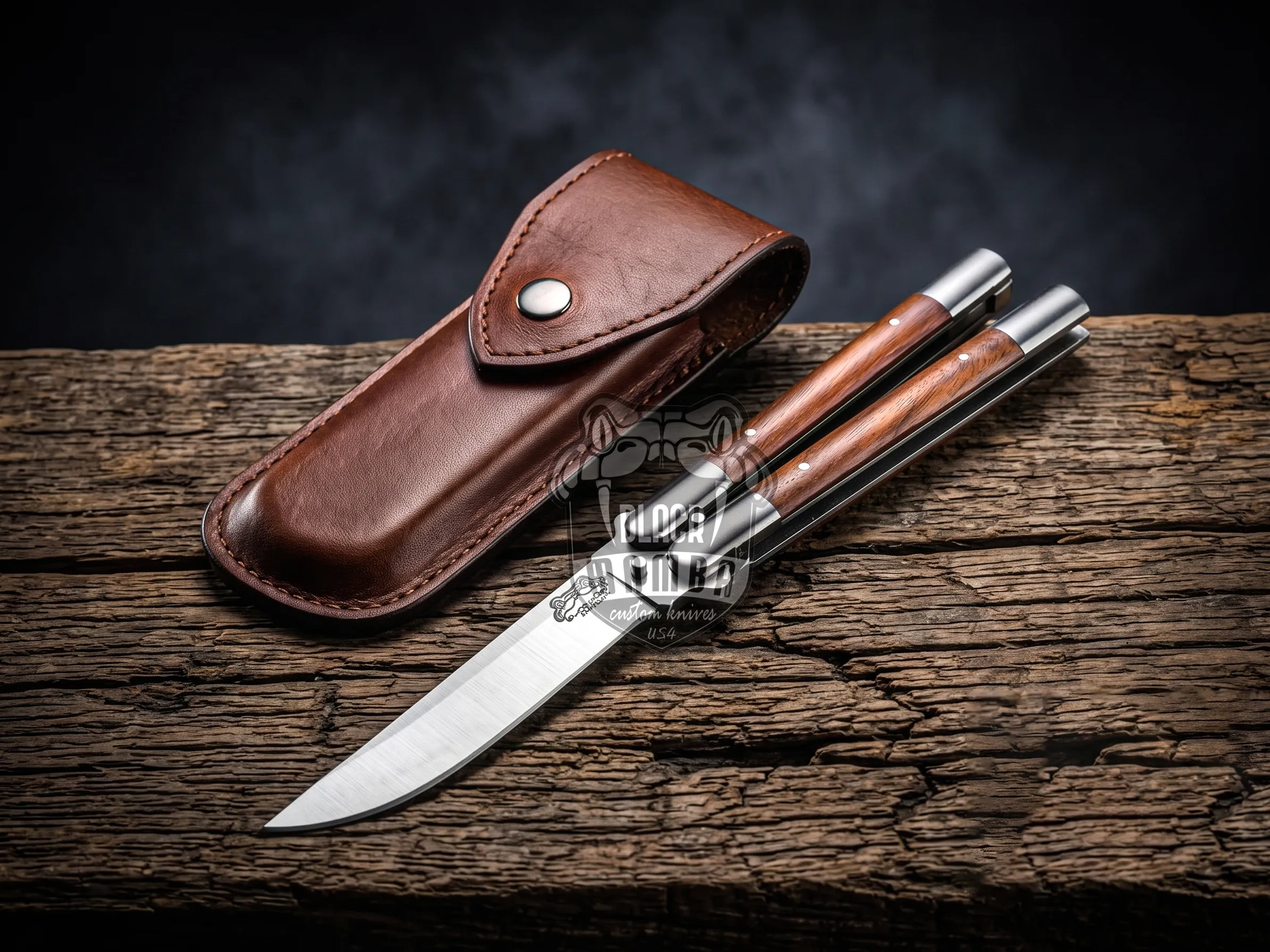 Handmade D2 Steel Balisong Knife with Rose Wood & Steel Bolsters Premium Butterfly Knife with Leather Sheath Personalized Gift | BMK-736 - view 2