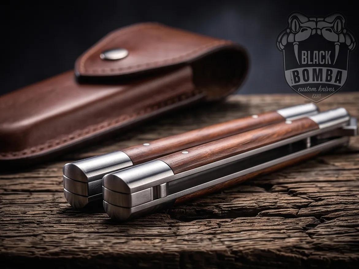 Handmade D2 Steel Balisong Knife with Rose Wood & Steel Bolsters Premium Butterfly Knife with Leather Sheath Personalized Gift | BMK-736 - view 5