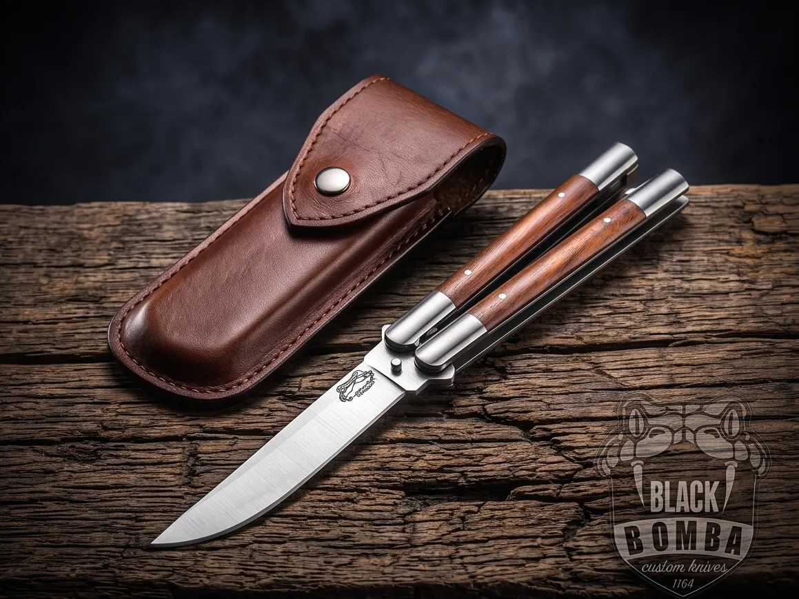 Handmade D2 Steel Balisong Knife with Rose Wood & Steel Bolsters Premium Butterfly Knife with Leather Sheath Personalized Gift | BMK-736