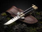 BMK-737 Handmade D2 Steel Balisong Knife Eagle Shape Blade | Black Horn & Brass Bolsters Handle | Premium Butterfly Knife with Leather Sheath | Personalized Gift for Him & Her