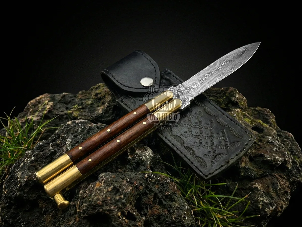 Damascus Filipino Balisong Butterfly Knife – Double Edge, Rose Wood | BMK-728A - view 4
