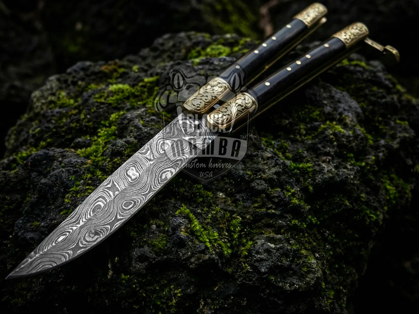Handmade Damascus Steel Balisong Knife | Black Horn & Brass Bolsters | Hand Engraved Handle | Premium Butterfly Knife with Leather Sheath | Personalized Gift | BMK-733 - view 4