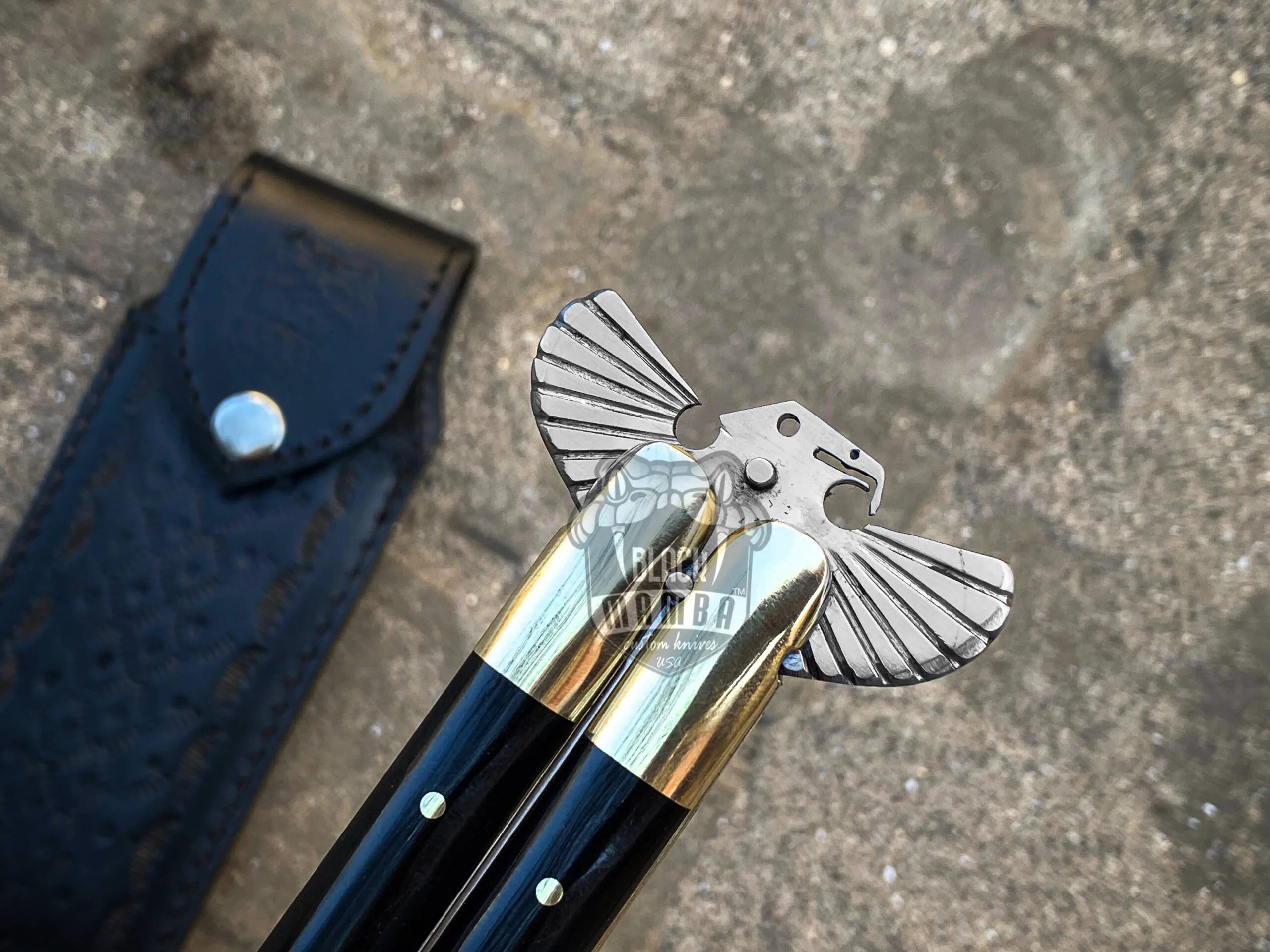 Handmade D2 Steel Balisong Knife Eagle Shape Blade | Black Horn & Brass Bolsters Handle | Premium Butterfly Knife with Leather Sheath | Personalized Gift for Him & Her | BMK-737 - view 3