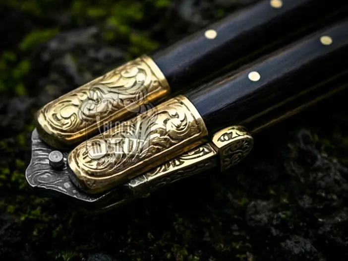 Handmade Damascus Steel Balisong Knife | Black Horn & Brass Bolsters | Hand Engraved Handle | Premium Butterfly Knife with Leather Sheath | Personalized Gift | BMK-733 - view 5