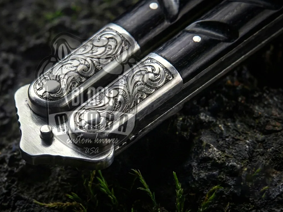 D2 Steel Balisong Butterfly Knife – Black Horn, Engraved Bolsters | BMK-735 - view 4