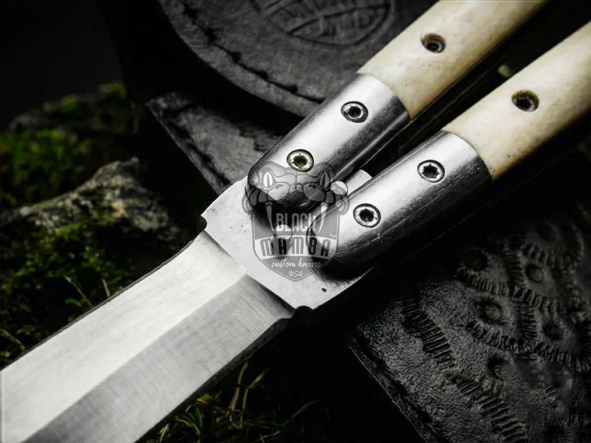 Filipino Balisong Butterfly Knife - Handmade D2 Steel Balisong & | Bone & Steel Bolster - view 5
