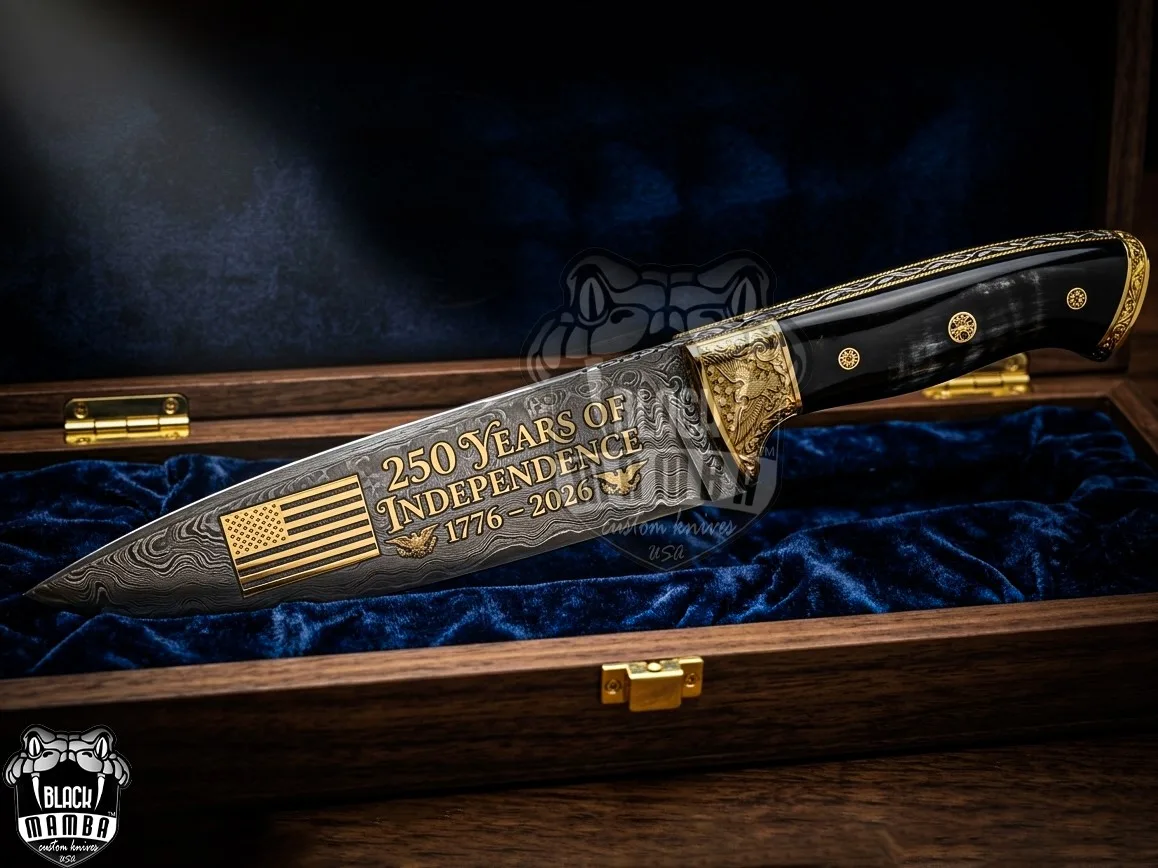 Handmade Damascus Steel Gold Plated Hunting Knife with Buffalo Horn Handle & Engraved Bolsters Premium Leather Sheath | Personalized Gift for Him & Her | BMK-740 - view 2
