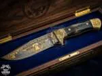 Gold - Damascus Hunting Knife, 11″ Overall, Buffalo Horn Handle