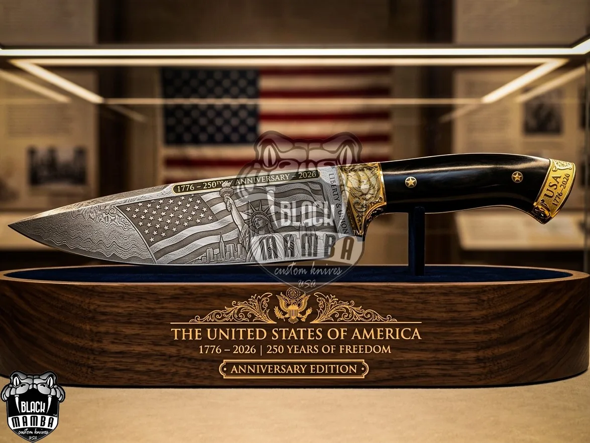 Gold - Damascus Hunting Knife, 12″ Overall, Buffalo Horn Handle