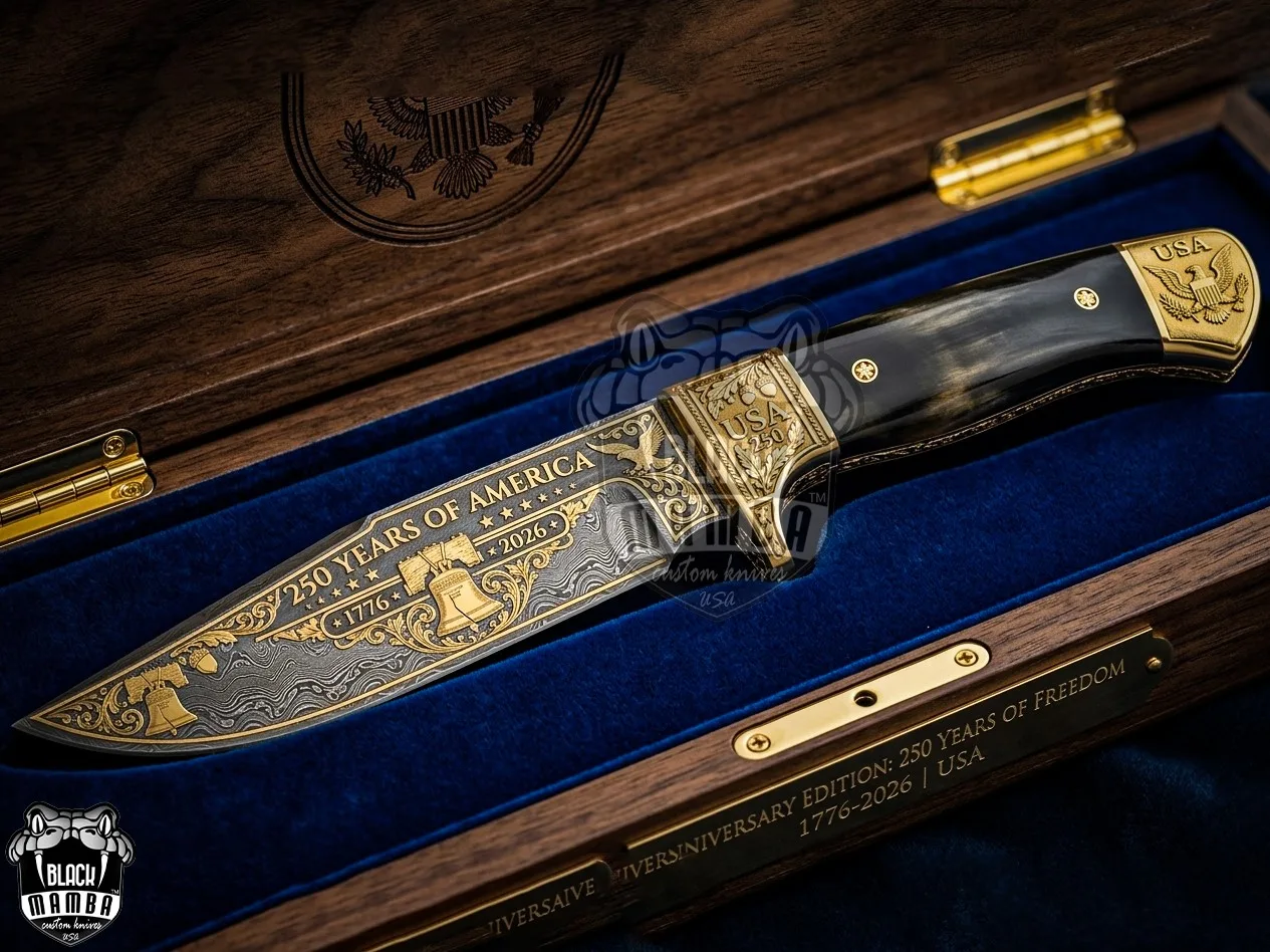 Handmade Damascus Steel Gold Plated Hunting Knife Buffalo Horn Handle with Leather Sheath | Personalized Gift for Him & Her | BMK-739