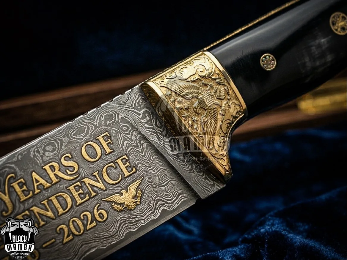 Handmade Damascus Steel Gold Plated Hunting Knife with Buffalo Horn Handle & Engraved Bolsters Premium Leather Sheath | Personalized Gift for Him & Her | BMK-740 - view 3