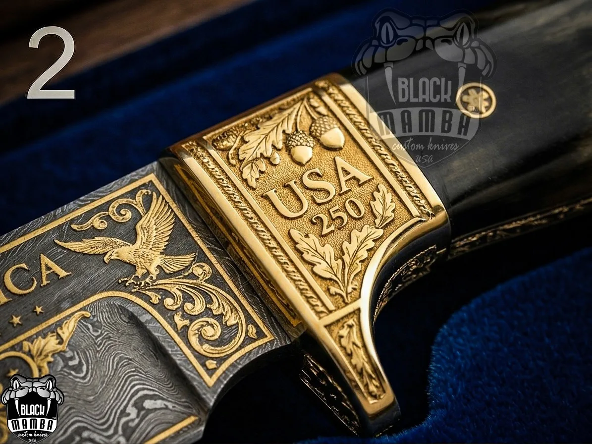 Handmade Damascus Steel Gold Plated Hunting Knife Buffalo Horn Handle with Leather Sheath | Personalized Gift for Him & Her | BMK-739 - view 3