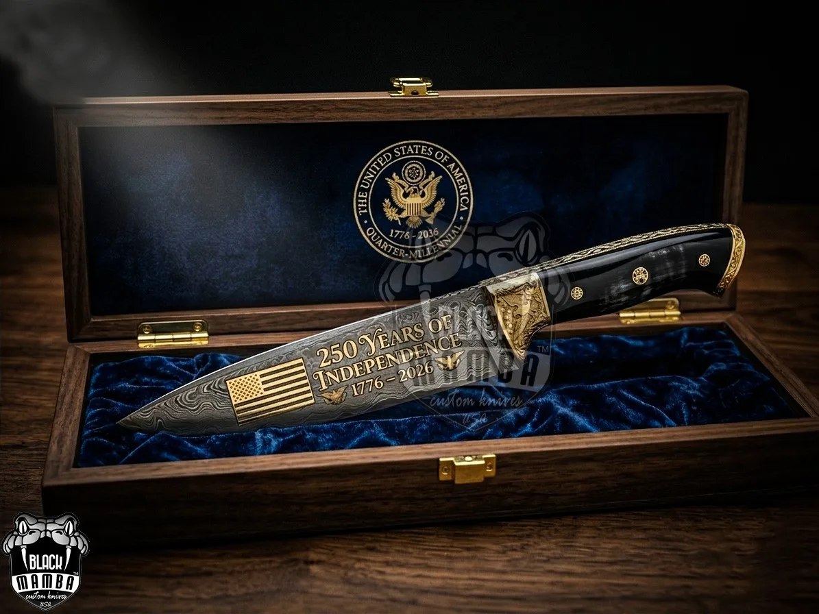 Handmade Damascus Steel Gold Plated Hunting Knife with Buffalo Horn Handle & Engraved Bolsters Premium Leather Sheath | Personalized Gift for Him & Her | BMK-740 - view 4