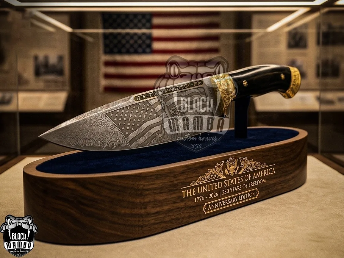 Gold - Damascus Hunting Knife, 12″ Overall, Buffalo Horn Handle - view 4