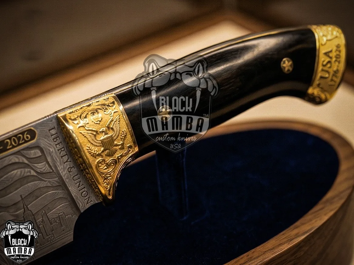 Gold - Damascus Hunting Knife, 12″ Overall, Buffalo Horn Handle - view 5