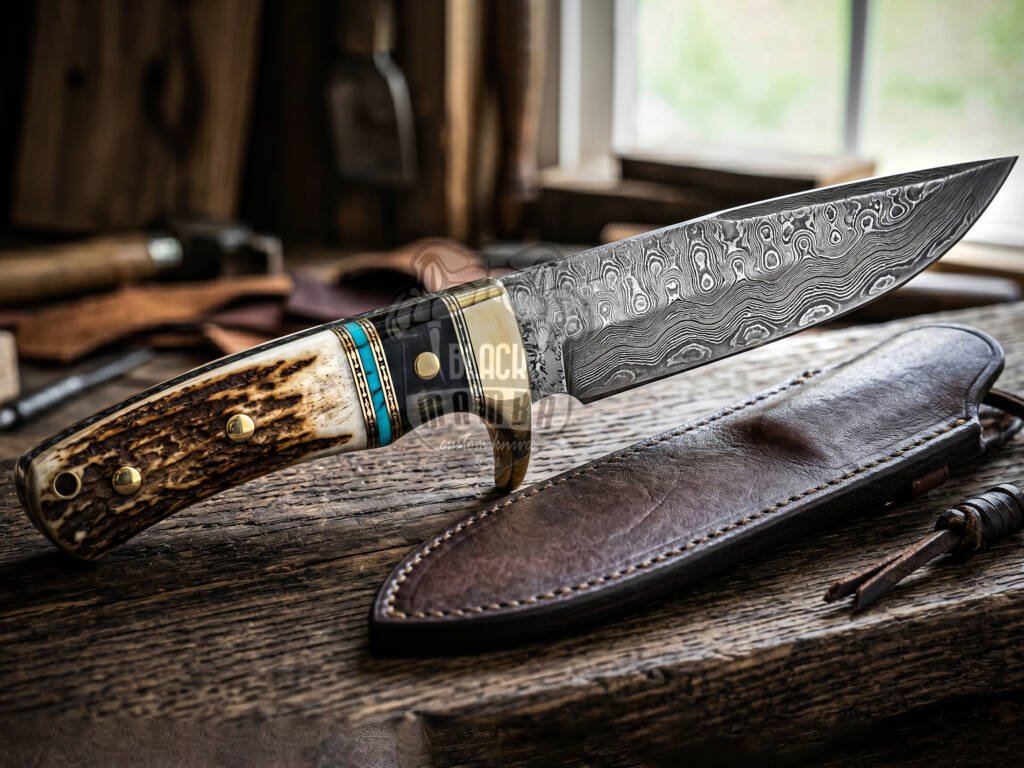 Hunting - Damascus Hunting Knife, 11″ Overall, Stag Handle