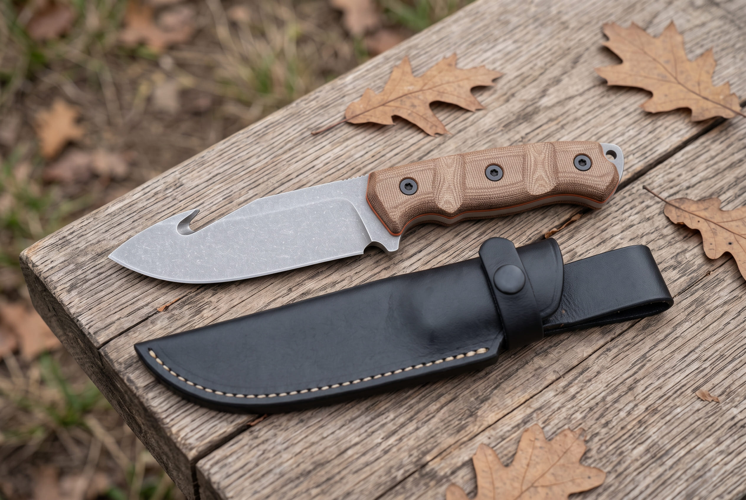 Dunewalker Handmade D2 Steel Stonewashed Gut Hook Hunting Knife with Coyote Tan Micarta Handle & Leather Sheath | Backcountry Hunting Gift | BMK-1170