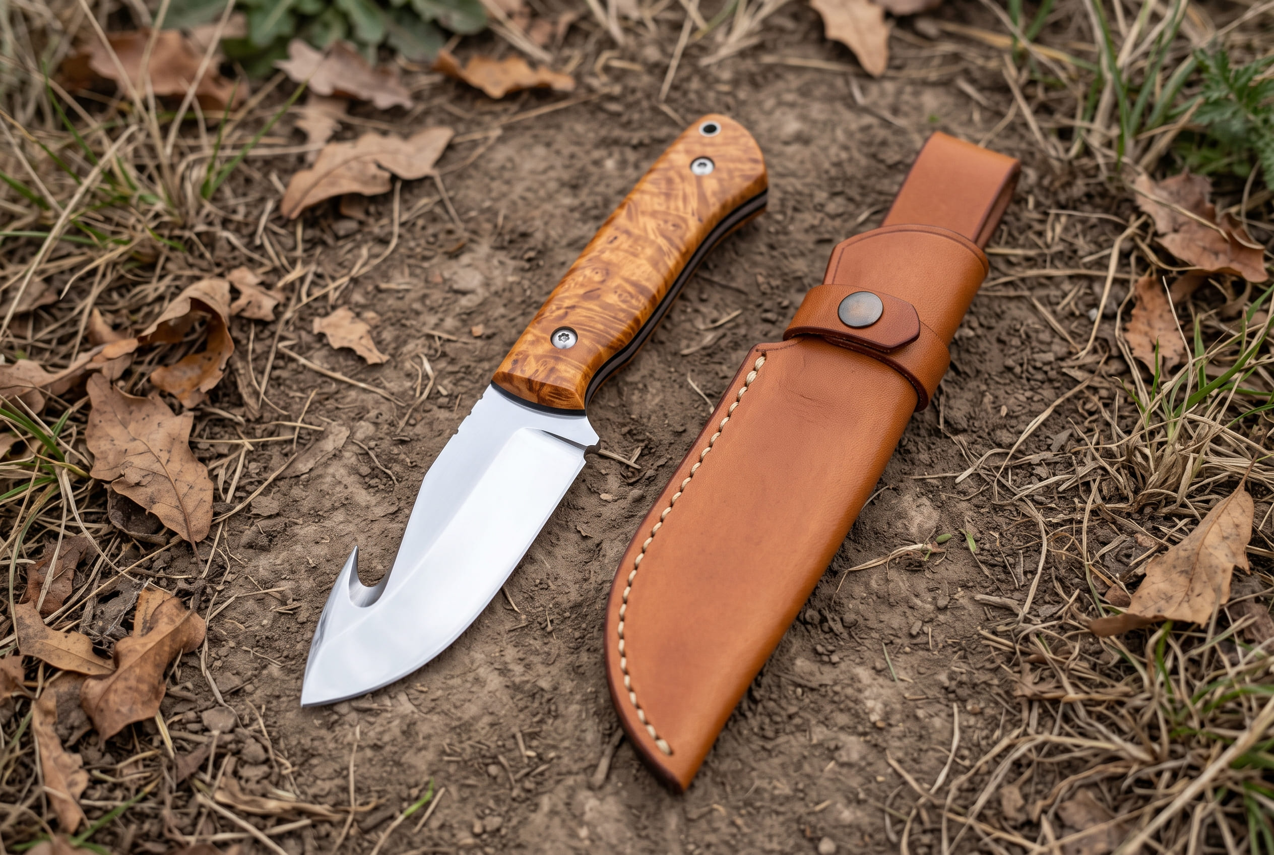 Goldleaf Handmade D2 Steel Satin Gut Hook Hunting Knife with Stabilised Maple Burl Handle, Stainless Bolster & Leather Sheath | Hunting Gift for Him | BMK-1173