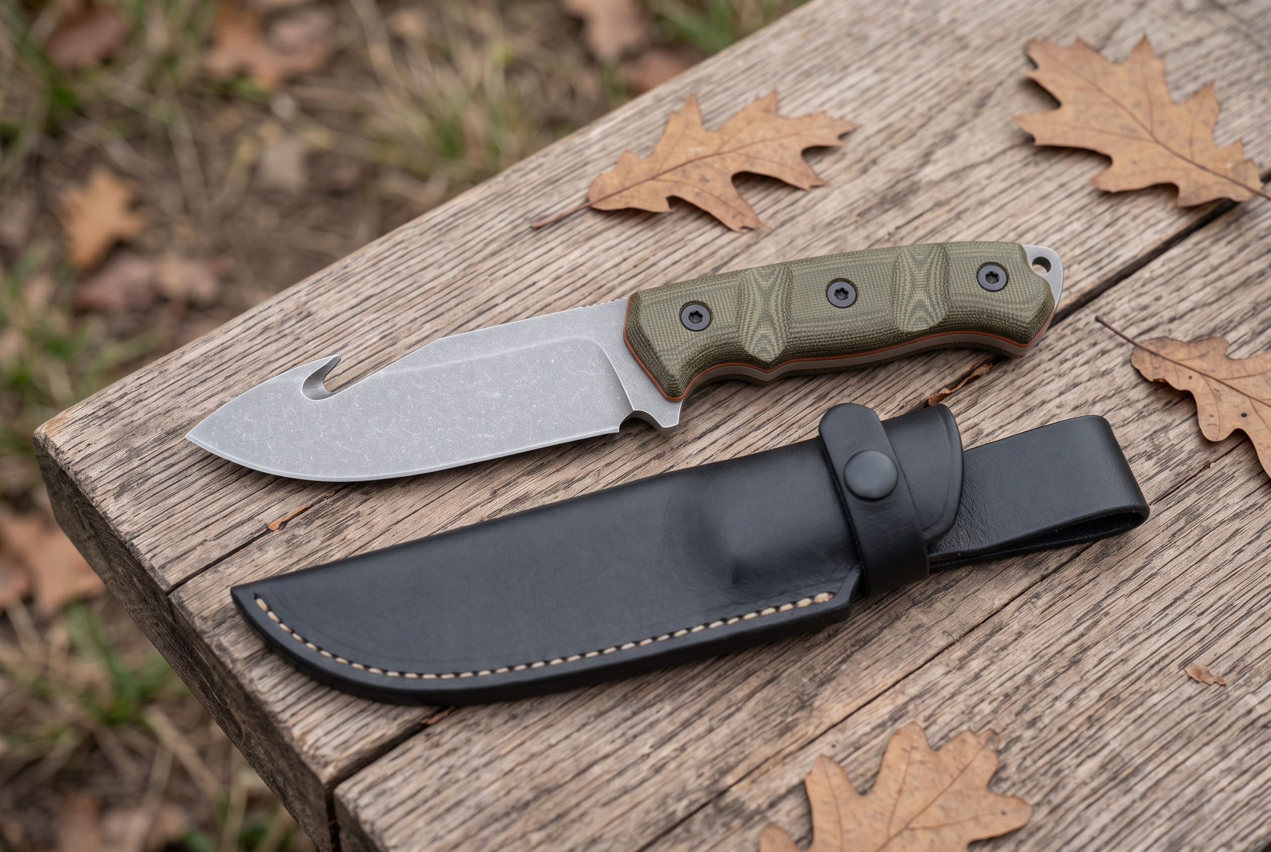 Moss Creek Handmade D2 Steel Stonewashed Gut Hook Hunting Knife with Olive Green Micarta Handle, Spine Jimping & Leather Sheath | Backcountry Gift | BMK-1178