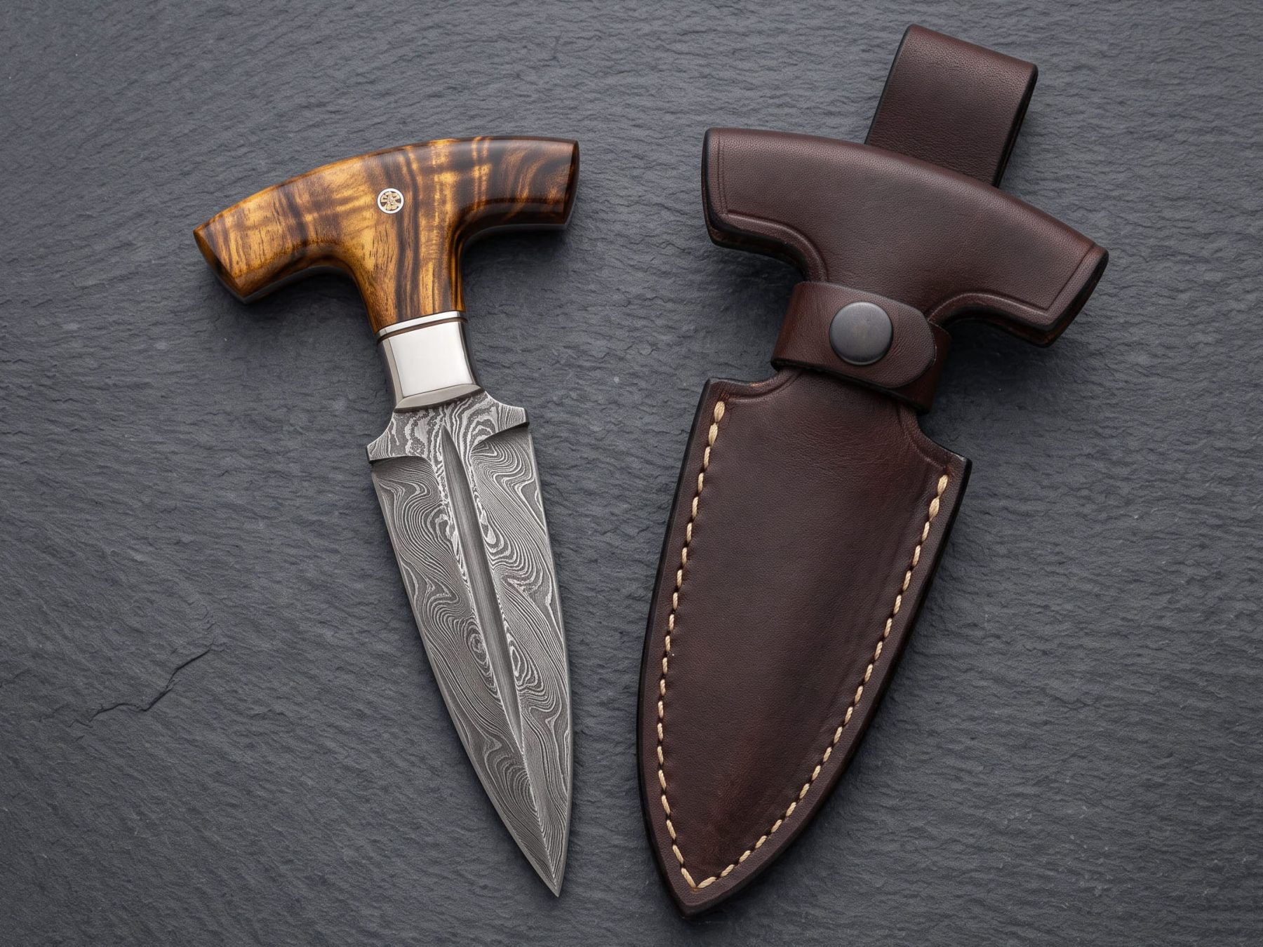 Sunspike Handmade Damascus Push Dagger with Stabilised Maple Burl Handle, Stainless Bolster & Leather Sheath | Collector Knife | BMK-1193 - view 2