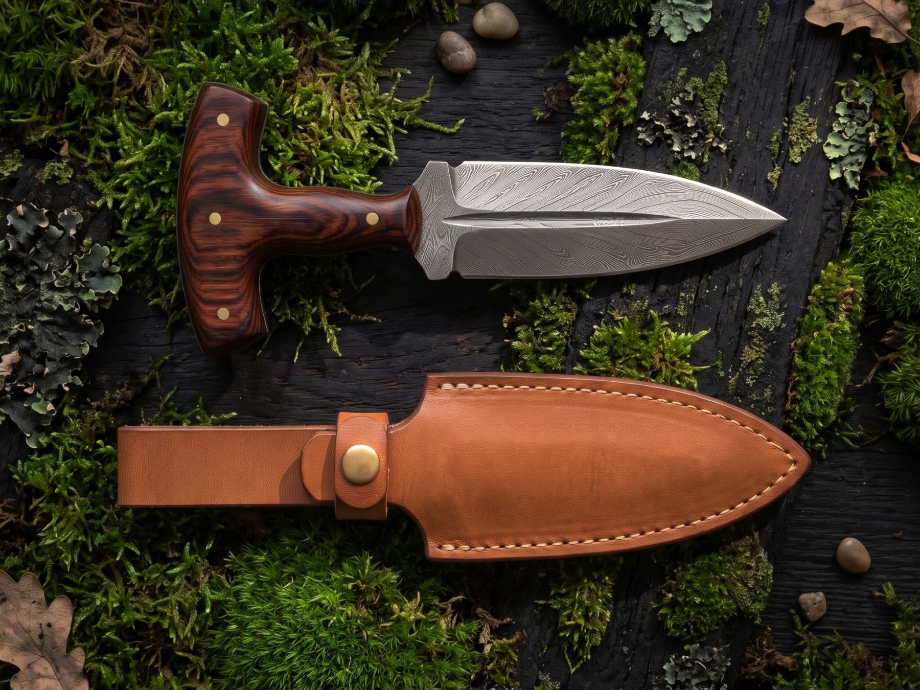 Rosethorn Handmade Damascus Push Dagger with Rosewood Handle, Brass Pins & Leather Sheath | Collector EDC Knife | BMK-1196 - view 2