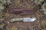 Fernline satin D2 gut hook hunting knife with olive green Micarta handle and dark brown leather sheath on open ground