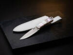 Pearl Lily Damascus drop point ladies knife with white pearl resin handle, stainless bolsters and white leather sheath