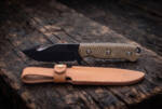Nightfall black oxide D2 gut hook hunting knife with olive drab Micarta handle and tan leather sheath
