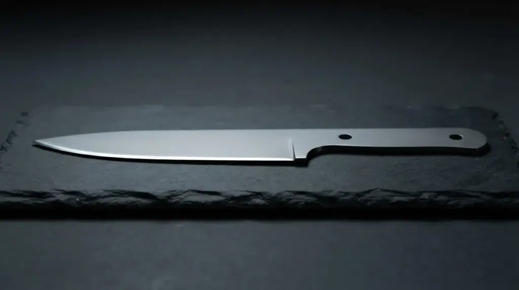 A bare knife blade on slate with light catching the bevel along the edge