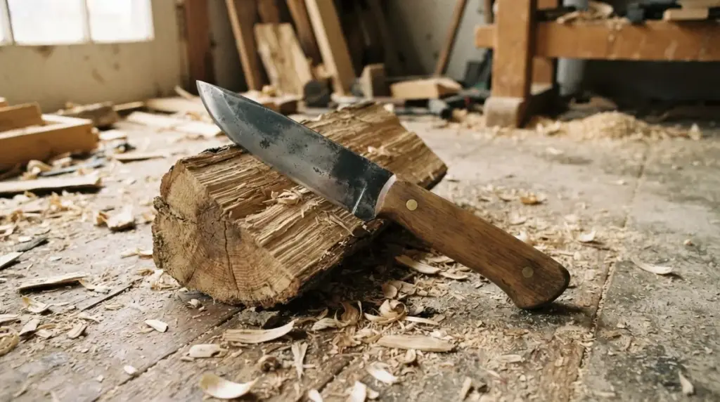A thick spined fixed blade knife resting on a split log with wood shavings around it