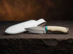 Turquoise Dawn Damascus drop point ladies knife with white buffalo bone handle, turquoise spacer and white leather sheath