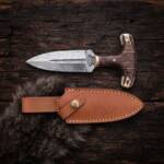 Stagwedge Damascus push dagger with stag antler and walnut T-handle, brass bolster and tan leather sheath