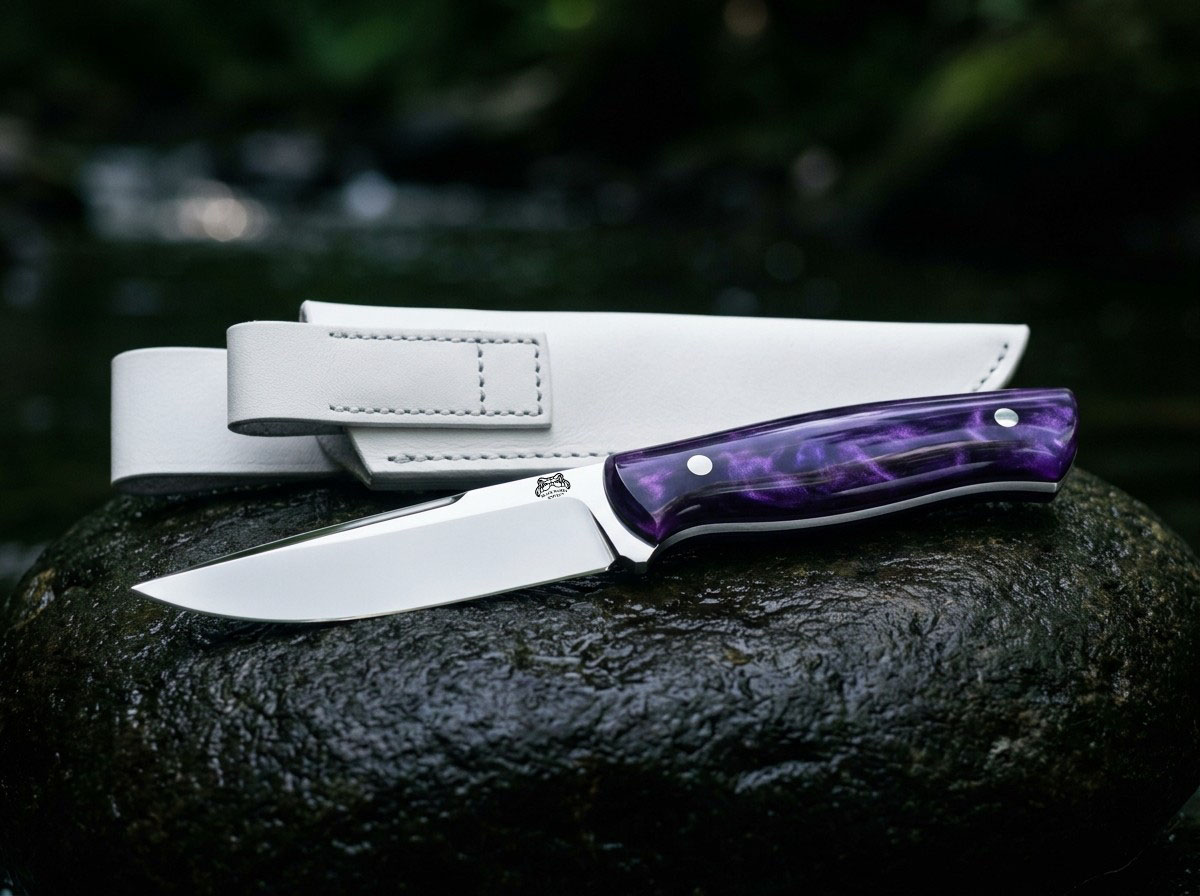 Violet Hour Handmade D2 Steel Straight Back Ladies Knife with Violet Resin Handle & White Leather Sheath | Women’s Everyday Knife | BMK-1214