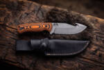 Blaze Hollow stonewashed D2 gut hook hunting knife with black and orange Micarta handle and black leather sheath