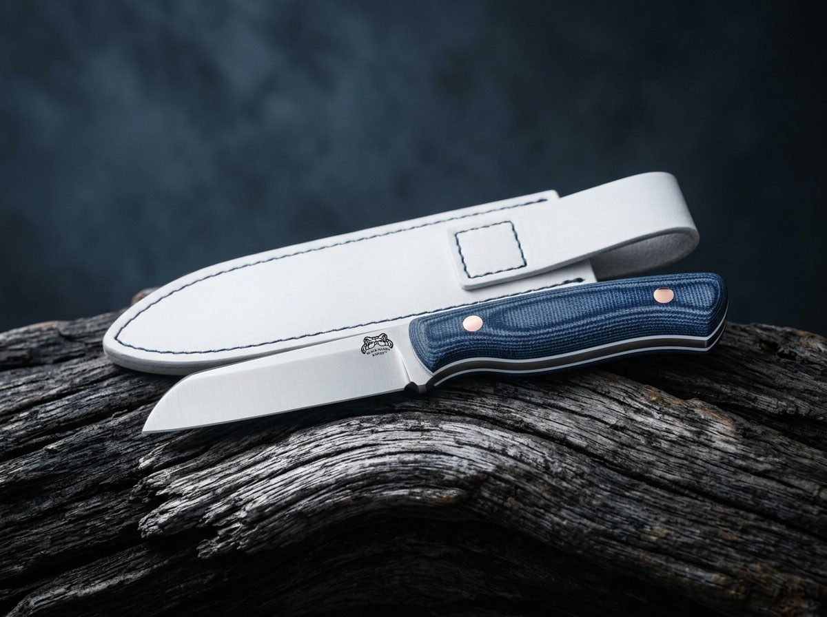 Indigo Shore Handmade D2 Steel Sheepsfoot Ladies Knife with Navy Blue Micarta Handle & White Leather Sheath | Women’s Kitchen & EDC Knife | BMK-1216