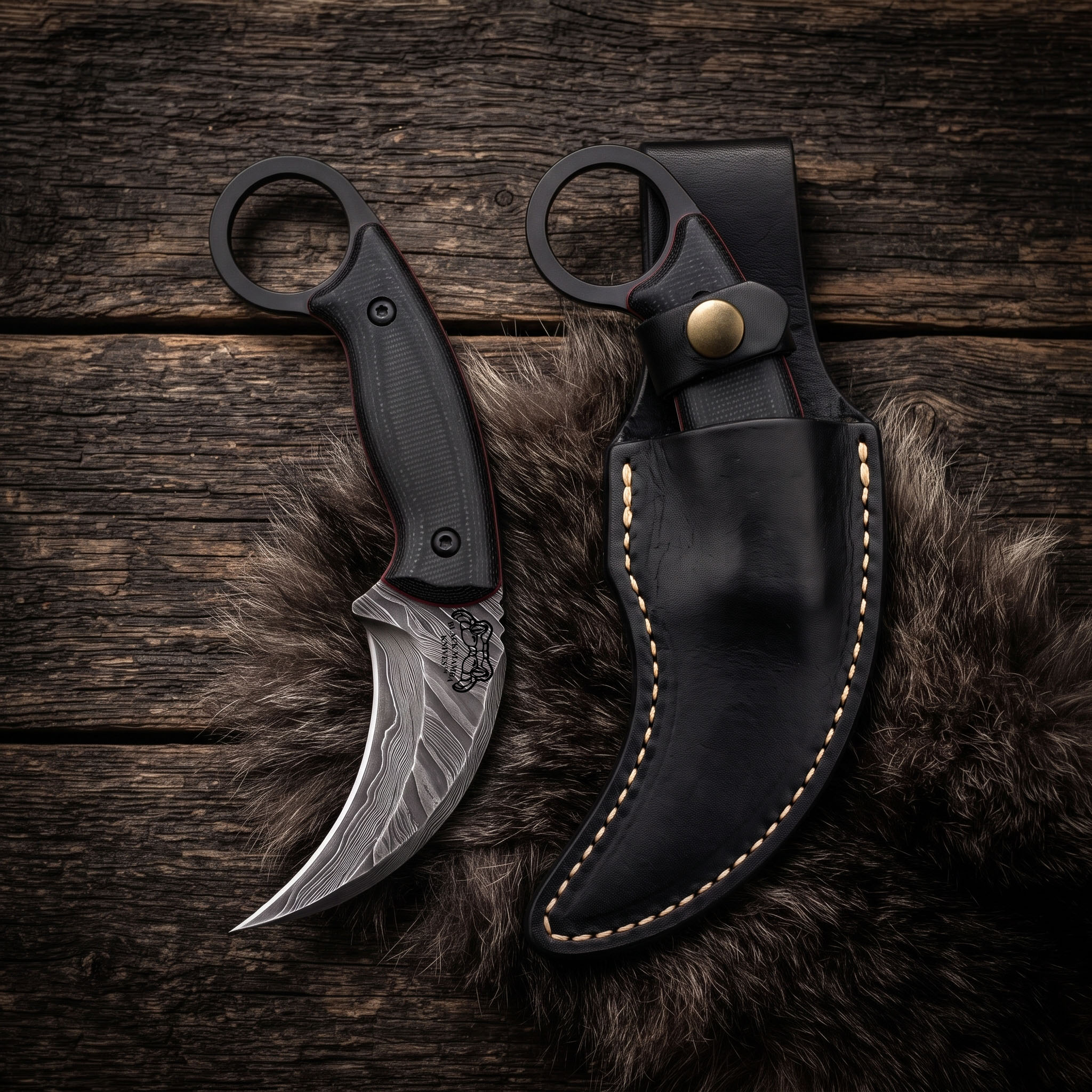 Scarlet Fang Handmade Damascus Karambit Knife with Black G10 Handle, Red Liners & Leather Sheath | Collector Tactical Gift | BMK-1185