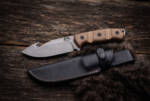 Dunewalker stonewashed D2 gut hook hunting knife with coyote tan Micarta handle and black leather sheath
