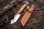 Goldleaf satin D2 gut hook hunting knife with stabilised maple burl handle and tan leather sheath