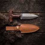 Rosethorn Damascus push dagger with figured rosewood T-handle, brass pins and tan leather sheath