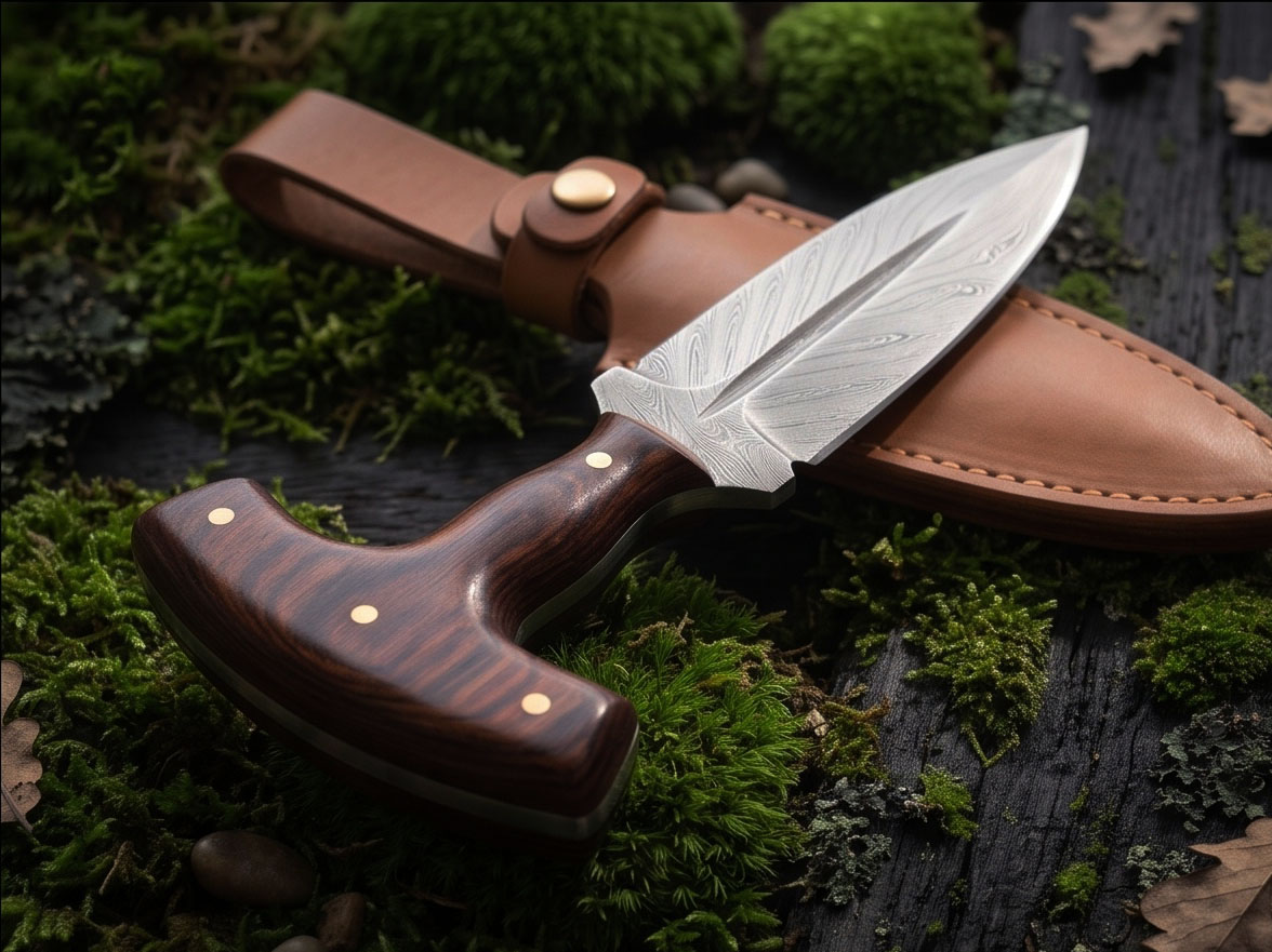 Rosethorn Handmade Damascus Push Dagger with Rosewood Handle, Brass Pins & Leather Sheath | Collector EDC Knife | BMK-1196 - view 3