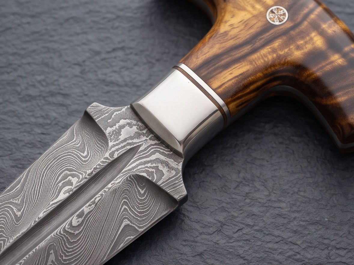 Sunspike Handmade Damascus Push Dagger with Stabilised Maple Burl Handle, Stainless Bolster & Leather Sheath | Collector Knife | BMK-1193 - view 3