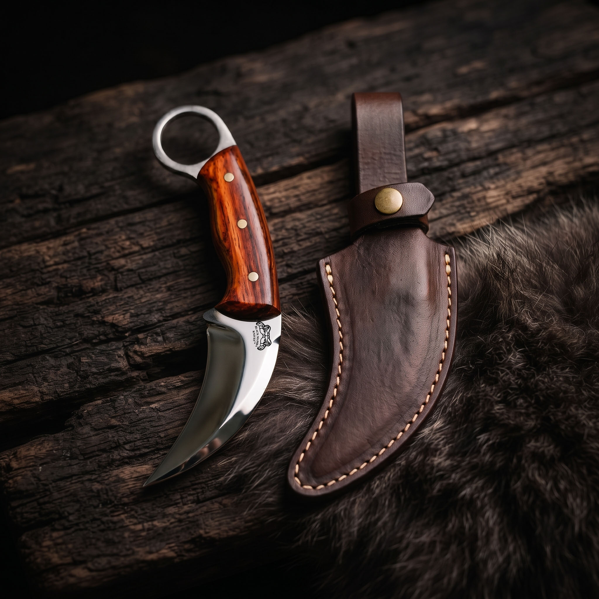 Copper Crescent Handmade D2 Steel Mirror Polished Karambit Knife with Rosewood Handle & Leather Sheath | Classic EDC Gift | BMK-1186