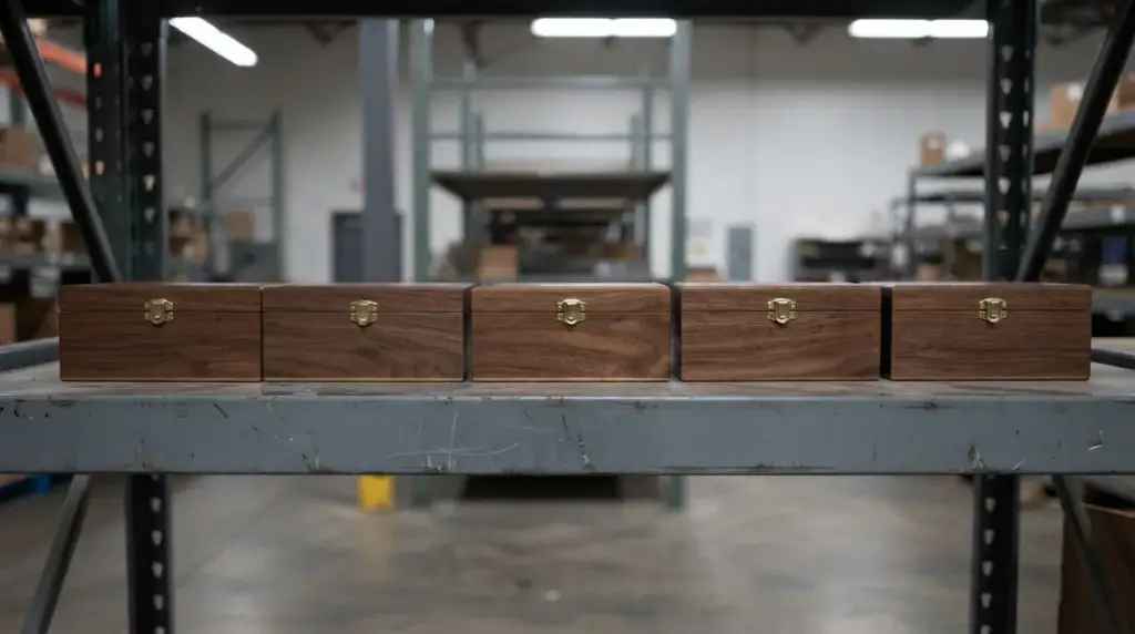 Five identical closed walnut presentation boxes stacked on a plain warehouse shelf