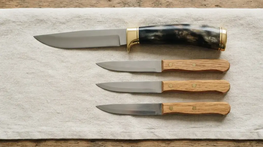 A gold fitted knife lying on linen beside three plain wooden handled working knives