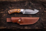 Honey Vein Damascus gut hook hunting knife with stabilised maple burl handle and brown leather sheath
